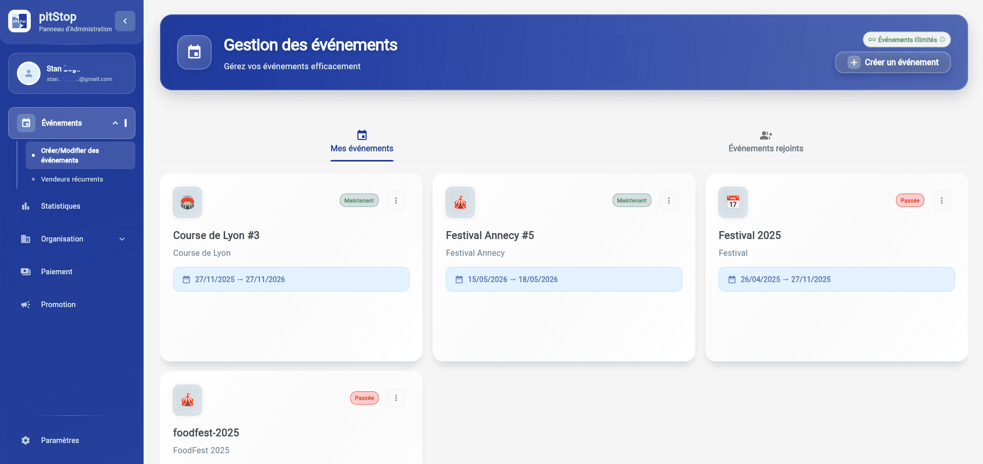 Tableau de bord organisateur pitStop